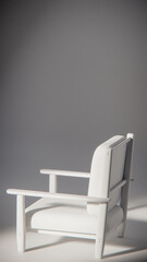 Obraz premium Modern wooden armchair with beige cushion in minimalist lighting. Ideal for furniture design, product display, and interior visualization in 3D rendering and architectural mockups.