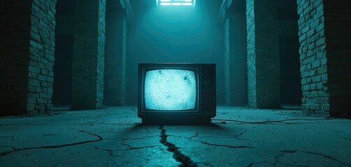 Old analog television sits on cracked concrete floor. Dimly lit room, brick walls create eerie atmosphere. Screen glows faintly blue static. Obsolete tech.