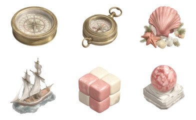 Vintage Coastal Navigation Instruments and Soft Painted Decor on Transparent Background