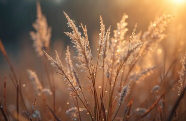 Fototapeta premium Close up macro view of dry grass stalks covered in water dew drops shining in morning sunlight. Natural landscape bokeh background with warm golden hour light and blurred plants.