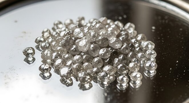 Pile of shiny gallium beads on a reflective surface.