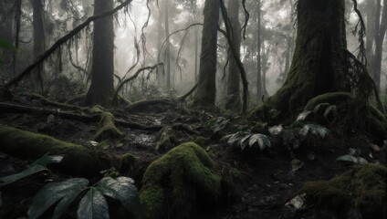 Obraz premium Mysterious Forest Scene - Foggy Trees and Mossy Ground.