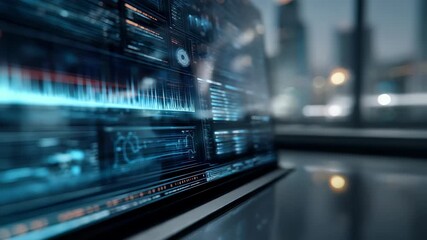 Close up of a computer monitor showing complex data visualizations, analytics, and real time statistics in a contemporary workspace. The scene highlights digital transformation and smart solutions - Powered by Adobe