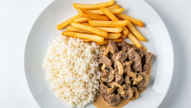 An overhead close-up shot of a beef stroganoff meal served on a round white plate against a white background.