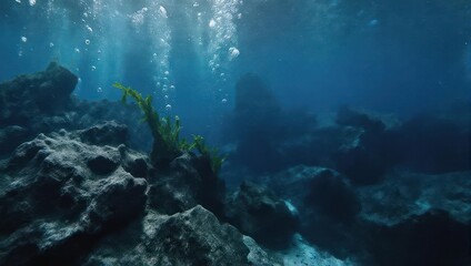 Obraz premium Underwater scene with sun rays and bubbles rising from the ocean floor.