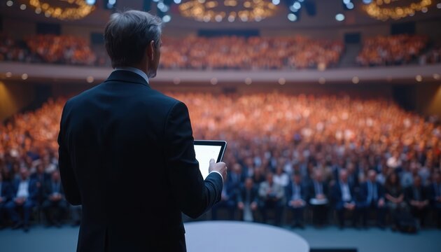 Man in suit speaks to large audience holding tablet. Speaker presents at corporate event with many attendees watching. Man leads business seminar on stage with audience. - Powered by Adobe