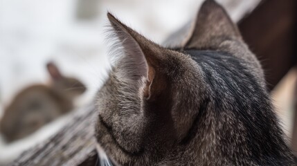 A cat intently watches a small animal from a wooden surface, illuminated by gentle natural light. wildlife magazines, conservation campaigns, designed for nature documentaries and education.