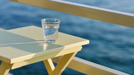 Aegean Sea balcony at sunset with ouzo glass reflecting the golden hour light. inspiring travel planning, bar promotions, designed for food & beverage menus and cafe branding.