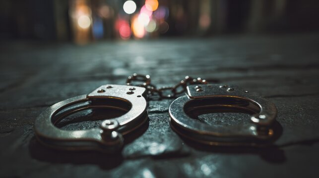 Broken handcuffs on a wet alley pavement with dramatic side lighting, symbolizing escape and freedom. event key visuals, club posters, designed for sports event promotions and branding.