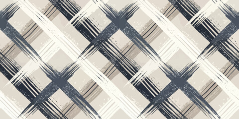 Abstract plaid pattern in muted tones of gray and beige with bold brushstroke accents.