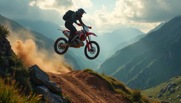 Motocross rider jumps bike over dirt track on mountain slope. Extreme sports athlete rides motorcycle fast, airborne, dust cloud trails behind in scenic landscape.