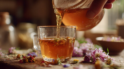 Hand carefully pouring amber herbal tea infusion from a glass pitcher into a clear mug surrounded by dried flowers