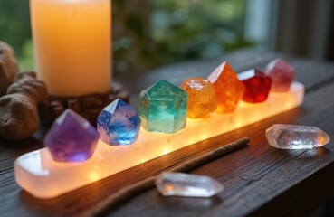 Seven colorful chakra healing crystals are lined up on a selenite wand with a candle burning softly in the background. A crystal point rests in front, near an incense stick on wooden surface.