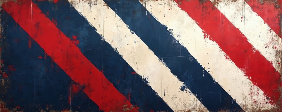 Bold red white blue diagonal stripes with grunge texture. Abstract graphic design with distressed weathered look. Modern background pattern for patriotic themes. Dynamic sporty visual.