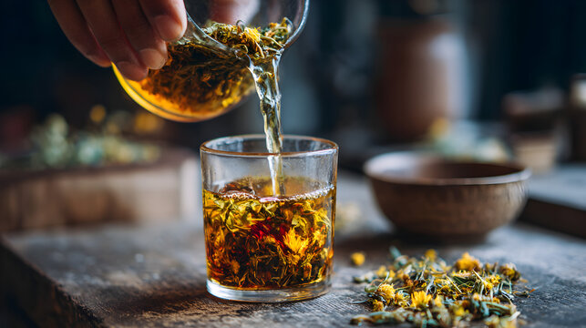 Hand carefully pours hot herbal infusion with yellow flowers from a glass pitcher into a small drinking glass on wood - Powered by Adobe