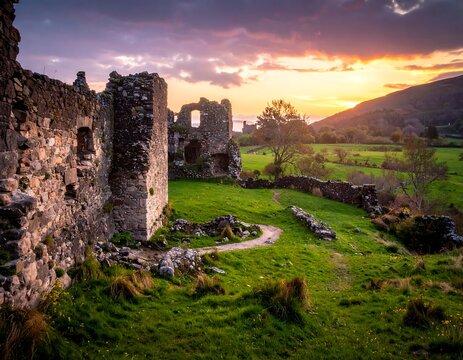 Ancient castle ruins framed by a sunset sky, with a green valley - Powered by Adobe