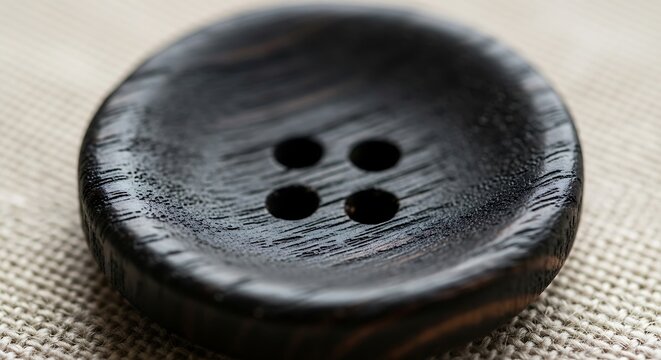 Close-up of a dark wooden button with four holes on fabric surface.