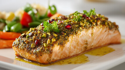 Pistachio Crusted Salmon Fillet on Plate, Healthy Dinner Concept