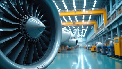 Close-up of jet engine turbine blades in large aircraft factory. Airplane fuselage and wings visible in background. Industrial manufacturing hall with heavy machinery and equipment.