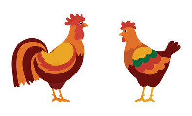 Cock and hen isolated on a white background. Colored icon, vector illustration in a flat style. Poultry collection.