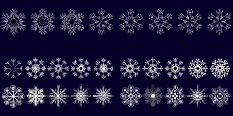 A collection of detailed white snowflake illustrations on a dark blue background