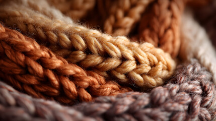 Extreme close up macro shot reveals the thick chunky texture of warm autumn colored braided yarn fibers in soft light