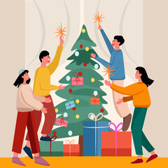 Happy Family Decorating Christmas Tree Together Illustration