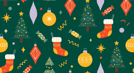 A festive Christmas seamless pattern featuring decorated trees, ornaments, stockings, and candies on a deep green background, perfect for holiday designs and crafts.