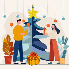 Couple Exchanging Gifts Near Christmas Tree Illustration