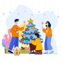 Family Decorating Christmas Tree at Home Illustration