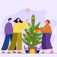 Friends Decorating Christmas Tree with Ornaments Illustration