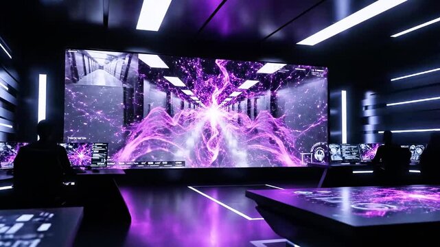 Futuristic stage bathed in purple neon; holographic screens glow as silhouettes watch a pulsing show