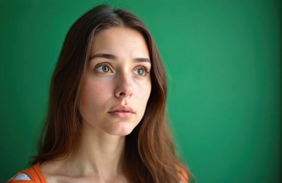 Young woman looking up with wide brown eyes. Her gaze is intense, her expression thoughtful. She has light freckles on her face. Her long brown hair frames her face.