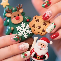 4k high quality Ai generative HD photo realistic red green white Christmas tree ornament decoration cute pretty fashion finger nail art hand holding cookie snowflake winter closeup Santa Claus 3D deer