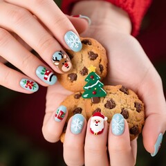 4k high quality Ai generative HD photo realistic red blue white Christmas tree ornament decoration cute pretty fashion finger nail art hand holding cookie snowflake winter closeup colorful crumbs