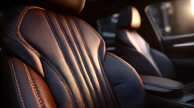 Luxurious dark leather car seat interior detail illuminated by warm golden hour sunlight creating rich texture and contrast