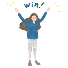 An illustration of a woman cheering/celebrating with her arms raised (watercolor style)