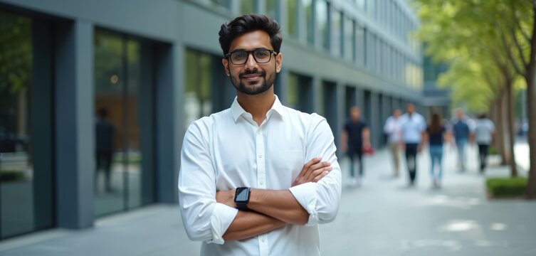 Young Indian man with glasses stands outdoors in front of modern office building. Confident professional smiles arms crossed, wearing white shirt and smart watch. Tech career focus.