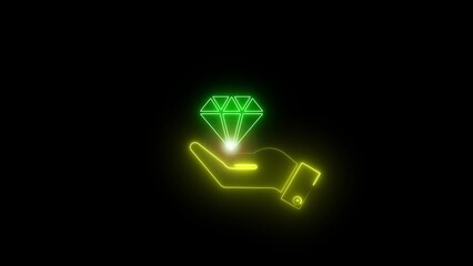 A glowing green diamond held in an open hand with a ring on the finger