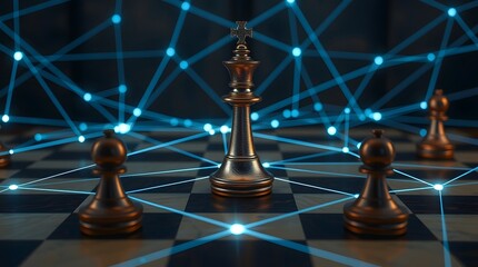 Strategic chess pieces on a board with glowing blue connections