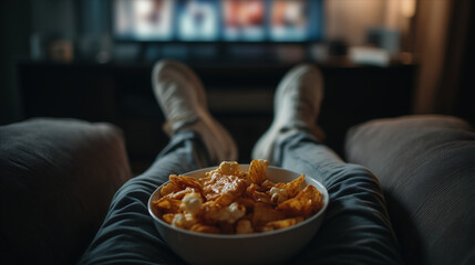 Mindless Snacking While Watching Television, Unhealthy Eating Habit Concept