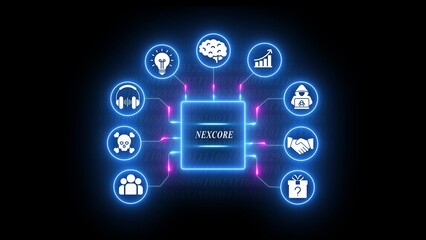 Blue glowing digital interface with Nexcore central node and connected representing various functions