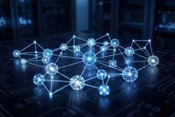 Abstract Network Connections Futuristic Blue Digital Technology With Glowing Nodes And Lines On Circuit Board Background