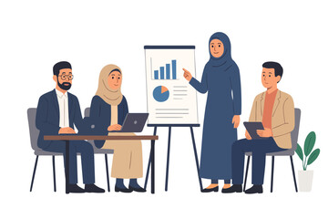 Fototapeta premium Business team meeting discussion with diverse professionals in office illustration