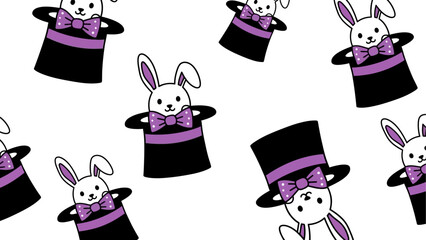 Seamless pattern of cute white rabbits wearing black top hats with purple ribbons, perfect for children's designs
