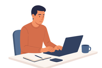Young professional man working on laptop with focus and productivity illustration