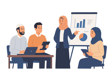 Professional team discussing business presentation with charts during office meeting illustration