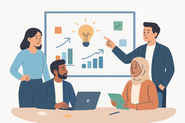Business strategy presentation with creative ideas and performance charts in modern office illustration