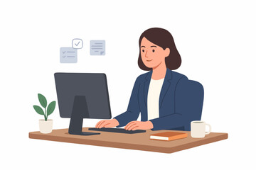 Professional businesswoman working on laptop at office desk illustration