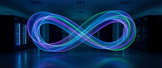 Digital Infinity Loop With Blue and Purple Light Streaks In Server Room